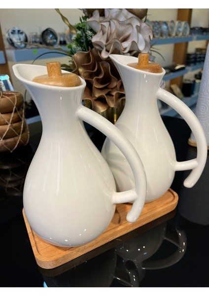 Beyaz porselen set, 2'li yağdanlık ve sirkelik, ahşap standlı, 680 ml, şık tasarım