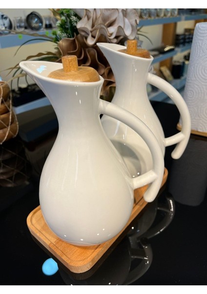 Beyaz porselen set, 2'li yağdanlık ve sirkelik, ahşap standlı, 680 ml, şık tasarım fiyatları