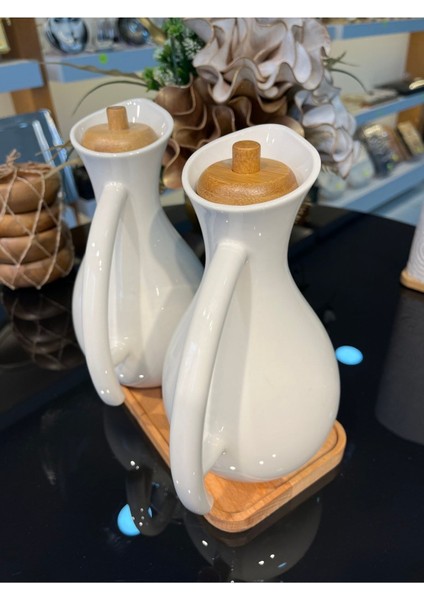 Beyaz porselen set, 2'li yağdanlık ve sirkelik, ahşap standlı, 680 ml, şık tasarım modelleri