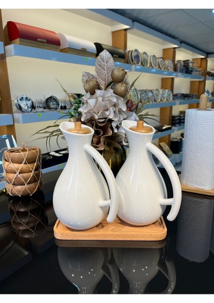 Beyaz porselen set, 2'li yağdanlık ve sirkelik, ahşap standlı, 680 ml, şık tasarım fırsatları