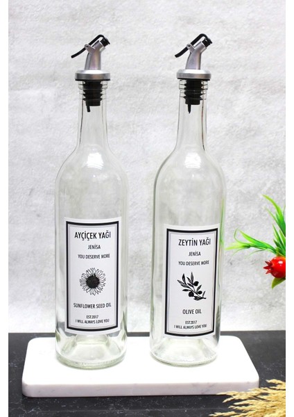 Şeffaf 2’li mermer detaylı 750 ml yağdanlık seti, bej renk, 4+ parça
