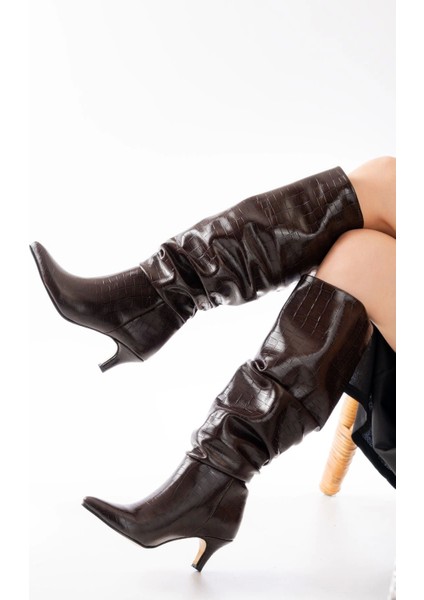 SR-2001 Kahverengi Kroko Ince Topuklu Günlük Bayan Çizme modelleri