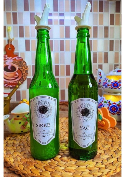 Yeşil 2'li Cam Yağlık ve Sirkelik, Kapaklı, 500 ml, şık ve kullanışlı set