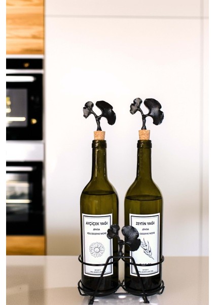 Şık Siyah ve Yeşil 2'li Ginkgo Yağdanlık Seti 750 ml, 4 parçalı