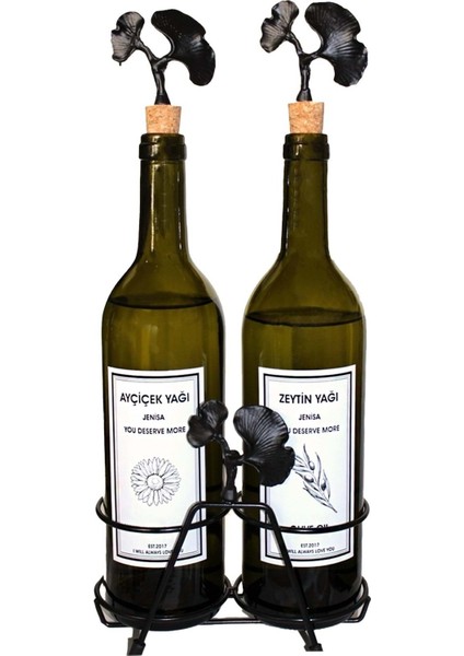 Şık Siyah ve Yeşil 2'li Ginkgo Yağdanlık Seti 750 ml, 4 parçalı