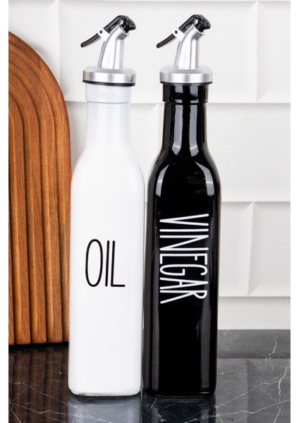 2'li Siyah-Beyaz Cam Yağdanlık Seti, Sızdırmaz Kapak ve Metal Stand, 500 ml modelleri
