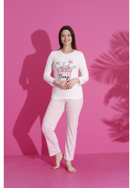 Mlale Popcorn Desenli Suprem Kumaş Uzun Kollu Bayan Pijama Takımı 1508-B