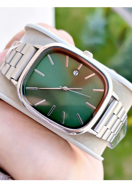 Gümüş Renk Yeşil Kadran Takvimli Erkek Kol Saati