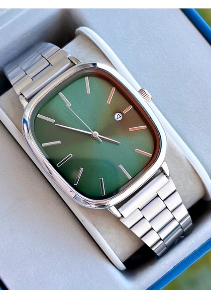 Gümüş Renk Yeşil Kadran Takvimli Erkek Kol Saati fiyatları