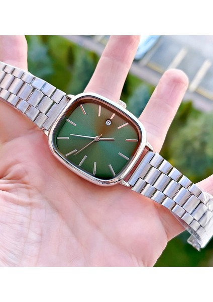 Gümüş Renk Yeşil Kadran Takvimli Erkek Kol Saati modelleri
