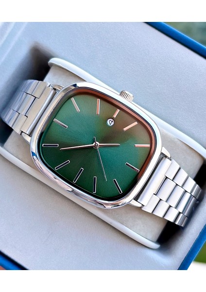 Gümüş Renk Yeşil Kadran Takvimli Erkek Kol Saati fırsatları