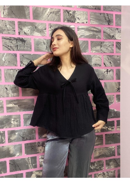 Kısa Büzgülü V Yaka Müslin Gömlek Bluz modelleri