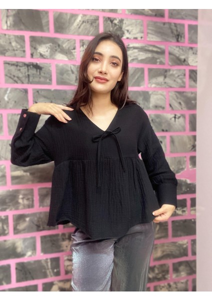 Kısa Büzgülü V Yaka Müslin Gömlek Bluz indirimleri