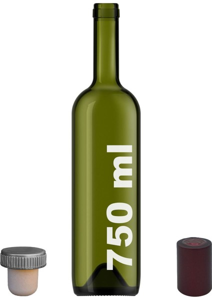 750 ml Yeşil Cam Şarap Şişesi, Sentetik Mantar Tıpalı, Kapüşonlu, Beyaz, 1 Parça