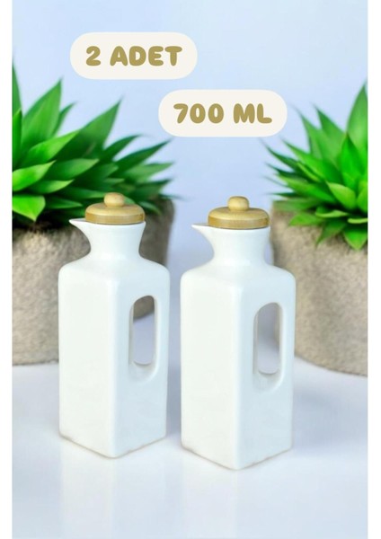 2'li 700 ml Bambu Kapaklı Porselen Yağlık ve Sirkelik Seti Beyaz
