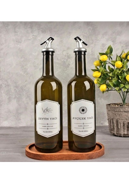 Yeşil Ahşap Stantlı 2'li 750 ml Yağlık Seti, şık ve kullanışlı mutfak aksesuarı