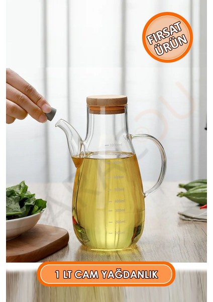 Bambu Kapaklı 1 Lt Borosilikat Cam Yağlık Yağdanlık