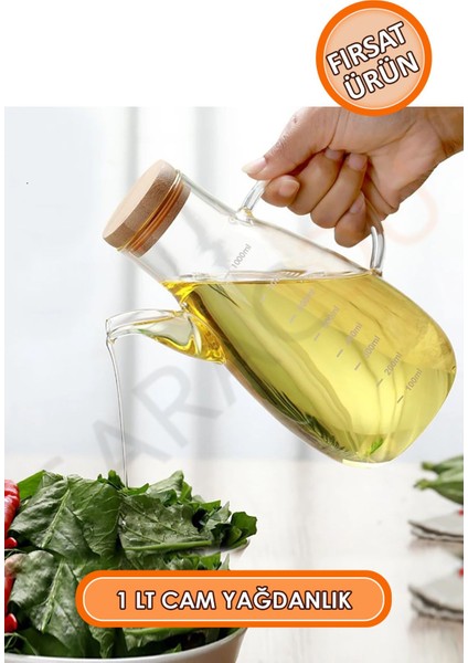 Bambu Kapaklı 1 Lt Borosilikat Cam Yağlık Yağdanlık