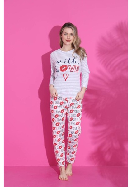 Mlale Milk Love Desenli Suprem Kumaş Uzun Kollu Bayan Pijama Takımı 1523-K