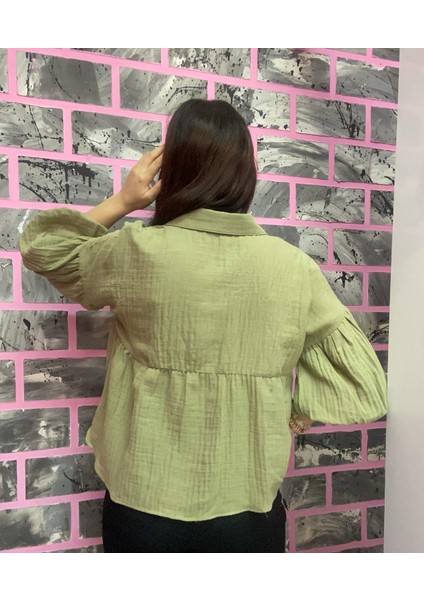 Kısa Büzgülü Yeşil Crop Müslin Gömlek Bluz modelleri