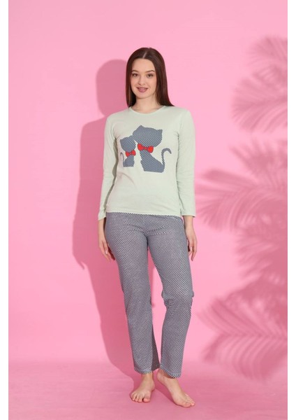 Mlale Kedicik Desenli Suprem Kumaş Uzun Kollu Bayan Pijama Takımı 1528-Y