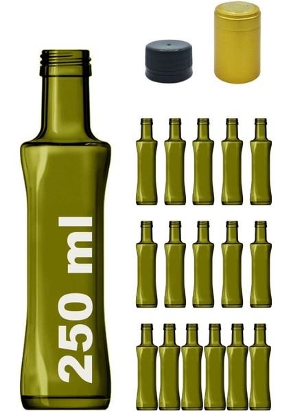 250 ml yeşil cam şişe, kapaklı, kapüşonlu, 16 adet