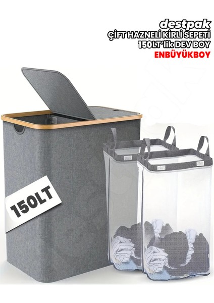 150 Lt Iki Bölmeli Bambu Kumaş Kirli Çamaşır Sepeti Joseph Model - Kapaklı - Yıkanabilir File Torba