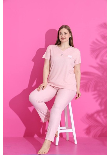Mlale Pudra Fitilli Ince Raporlu Kumaş Kısa Kollu Bayan Pijama Takımı 2026-P