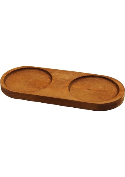 2 Bölmeli Oval Ahşap Yağdanlık Altlığı, Kahverengi, 27x12.5cm, 0-249 ml