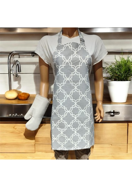 Gri Desenli Ayarlanabilir Su ve Leke Itici Özelliği Bulunan Mutfak Önlüğü