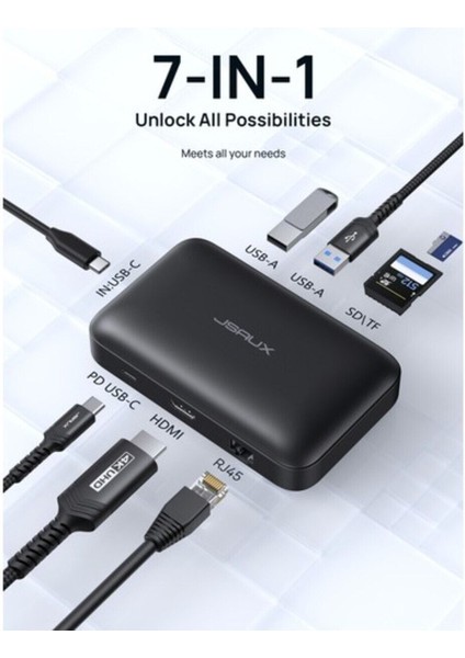 MP02 7in1 Type-C Pd Hub 100W Şarj HDMI 2 x USB 3.0 Sd Tf Kart Okuyucu RJ45 + Kablo Seti Dönüşt