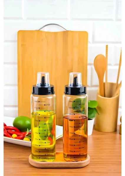 Şık Ahşap 2'li 500 ml Cam Yağlık ve Sirkelik Seti, damlatmaz, akıllı tasarım, siyah renk