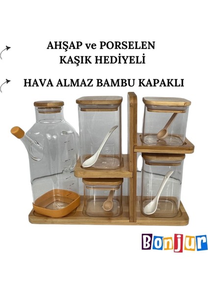 Bambu Standlı 16 Parça Borosilikat Kavanoz ve Baharatlık Seti Bej Renk