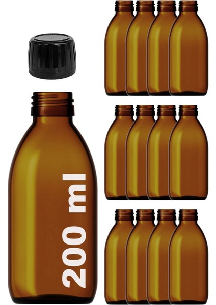 200 ml Amber Yuvarlak Cam Şişe, Siyah Kapak, 12 Adet, Renk: Kahverengi