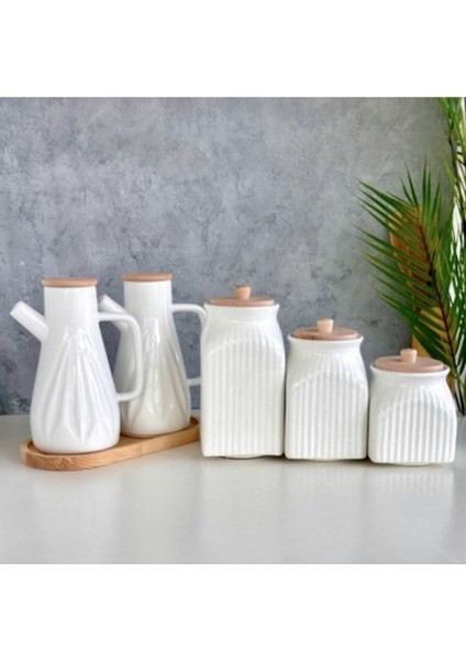 2’li Set 6 Parça Bambu Standlı Prizma Porselen 1000 ml Yağdanlık ve 3’lu Kavanoz Saklama Seti