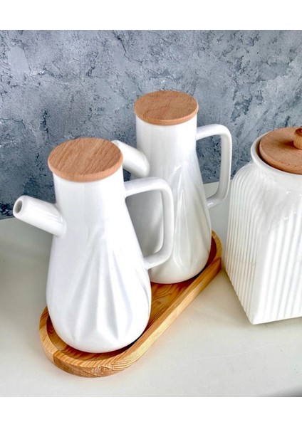 2’li Set 6 Parça Bambu Standlı Prizma Porselen 1000 ml Yağdanlık ve 3’lu Kavanoz Saklama Seti