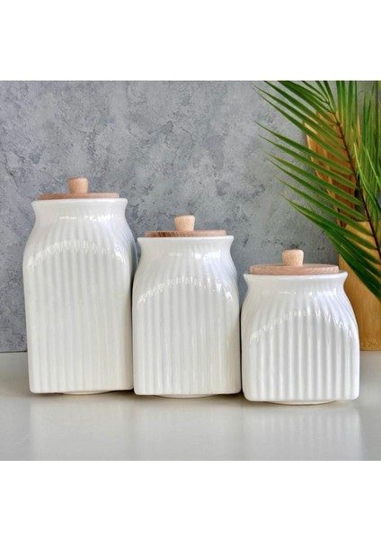 2’li Set 6 Parça Bambu Standlı Prizma Porselen 1000 ml Yağdanlık ve 3’lu Kavanoz Saklama Seti