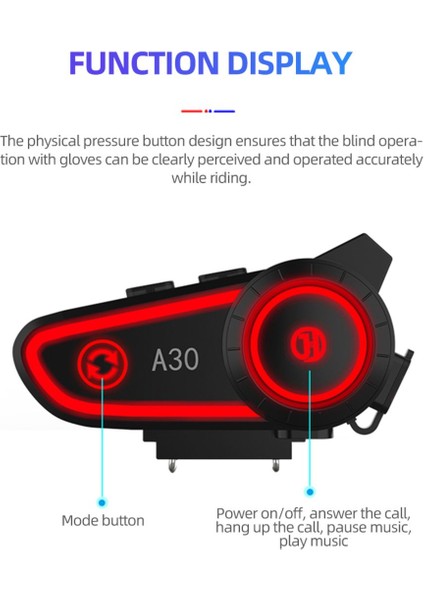 A30 Bluetooth Kask Kulaklık Intercom, 2800MAH Pil , Bluetooth 5.2, Su Geçirmez,3 LED Fonskiyonlu