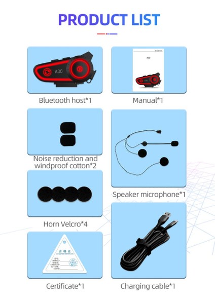 A30 Bluetooth Kask Kulaklık Intercom, 2800MAH Pil , Bluetooth 5.2, Su Geçirmez,3 LED Fonskiyonlu