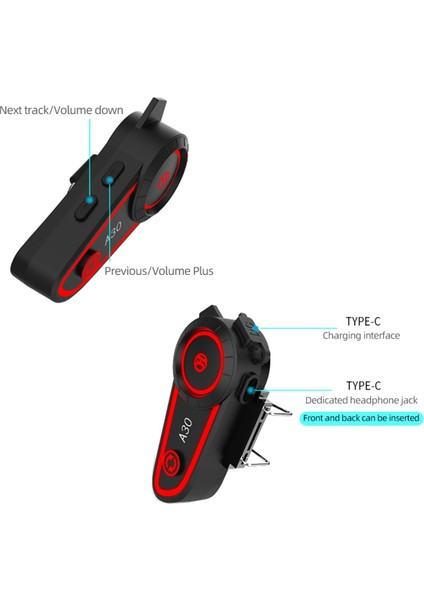 A30 Bluetooth Kask Kulaklık Intercom, 2800MAH Pil , Bluetooth 5.2, Su Geçirmez,3 LED Fonskiyonlu