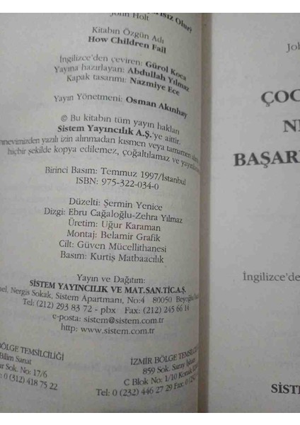Çocuklar Neden Başarısız Olur? 1,baski 190 Sayfa 1997 Basim modelleri
