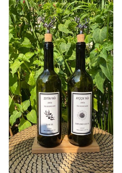 Ahşap 2’li Amber Yağlık Seti, Siyah Geyik, Mantar Tıpalı, 750 ml, Bej, 4+ Parça