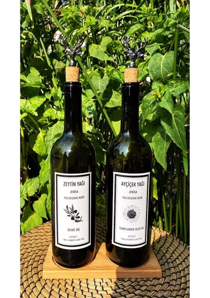 Ahşap 2’li Amber Yağlık Seti, Siyah Geyik, Mantar Tıpalı, 750 ml, Bej, 4+ Parça