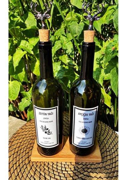Ahşap 2’li Amber Yağlık Seti, Siyah Geyik, Mantar Tıpalı, 750 ml, Bej, 4+ Parça
