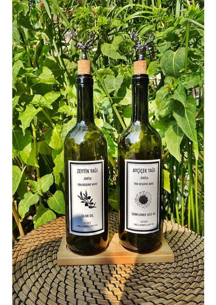 Ahşap 2’li Amber Yağlık Seti, Siyah Geyik, Mantar Tıpalı, 750 ml, Bej, 4+ Parça