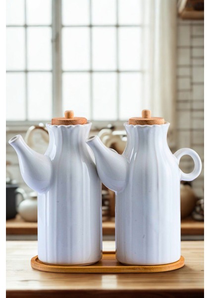 Bambu standlı porselen papatya yağdanlık ve sirkelik seti, 2'li, beyaz, 1000 ML