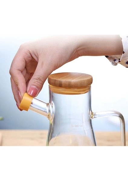 900 ml Bambu Kapaklı Cam Yağdanlık Vakumlu Borosilikat Cam Sirkelik Zeytinyağı Şişesi Yağlık