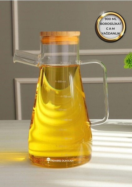 900 ml Bambu Kapaklı Cam Yağdanlık Vakumlu Borosilikat Cam Sirkelik Zeytinyağı Şişesi Yağlık