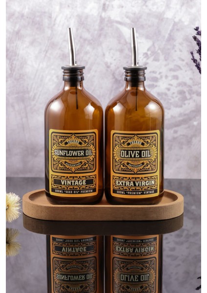 500ml Amber Renkli Ahşap Destekli Vintage Cam Yağdanlık Çift Set, Sarı, 5 Parça