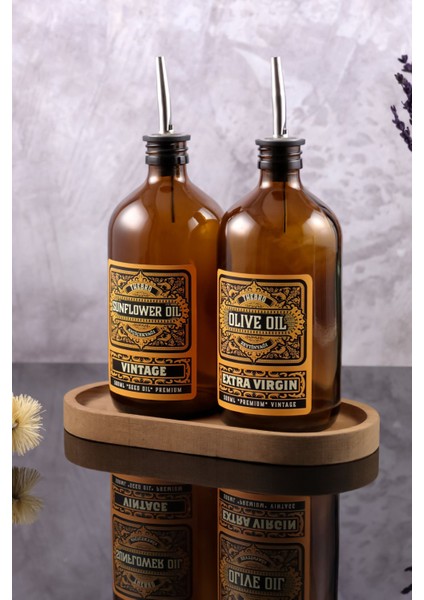500ml Amber Renkli Ahşap Destekli Vintage Cam Yağdanlık Çift Set, Sarı, 5 Parça fiyatları